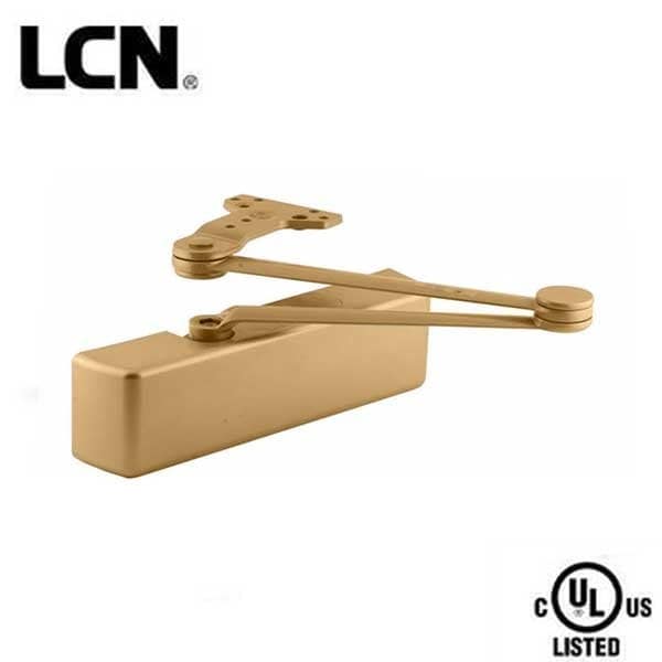 Door Closer 4040XP hold open cushion stop in plated satin brass, clear coated finish